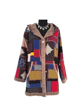 COAT ~ Colorful Patchwork Hooded Coat w/Soft Brown Sherpa Lining and Pockets